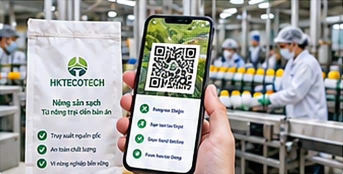 Bao bì sản phẩm HKTECOTECH và điện thoại quét mã QR truy xuất nguồn gốc